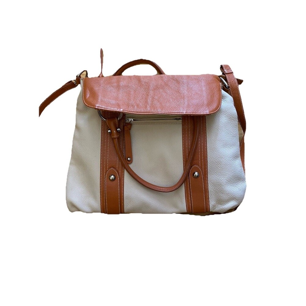 Cream and Brown  Genuine Leather Tote Shoulder Purse Bag